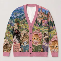 Four Reading Cats Beneath a Starry Village Sky for Cozy Autumn Evenings and Book Lovers All-over Print Knitted Cardigan