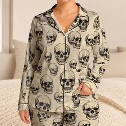 Distressed Skull Motif Lounge Style for Cozy Gothic Nights and Everyday Comfort Satin Pajamas Set
