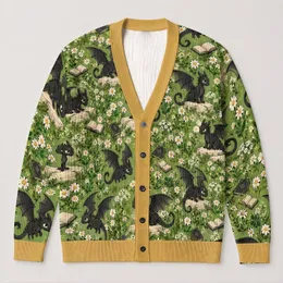 Black Baby Dragons and Wildflowers for Whimsical Everyday Layering for Teenagers All-over Print Knitted Cardigan