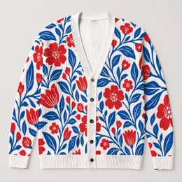 Red Tulip and Blue Folk Blooms for Spring Days and Everyday Layering for Teenagers All-over Print Knitted Cardigan