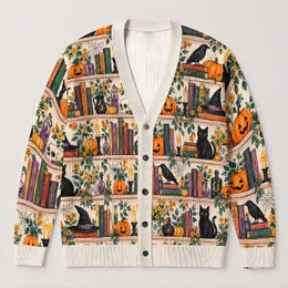 Halloween Bookshelves, Pumpkins and Black Cats for Cozy Autumn Reading and Fall Style All-over Print Knitted Cardigan