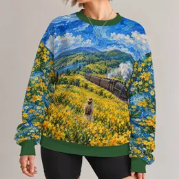 Swirling Blue Sky And Golden Wildflower Train Journey For Artistic Weekend Outings All-over Print Knitted Sweater