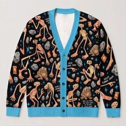 Quirky Long-Limbed Aliens for Halloween Parties and Everyday Cosmic Casualwear All-over Print Knitted Cardigan