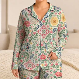 Colorful Patchwork Florals for Cozy Evenings at Home and Relaxed Weekend Lounging for Women Satin Pajamas Set