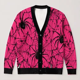 Hot Pink Spiderwebs and Punk Spiders for Halloween Alternative Teen Style All-over Print Knitted Cardigan