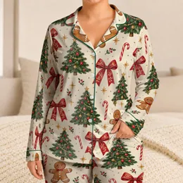 Gingerbread Men, Christmas Trees & Bows for Cozy Christmas Eve Family Gatherings Satin Pajamas Set
