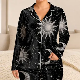 Celestial Moon And Sun Motifs For Cozy Home Evenings And Relaxed Nights For Women Satin Pajamas Set