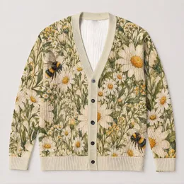Daisy And Bumblebee Meadow For Sunny Garden Days And Youthful Everyday Style All-over Print Knitted Cardigan