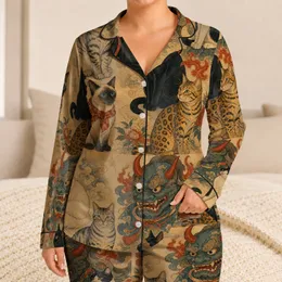 Vintage Ukiyo-E Cat Portrait Lounge Style for Cozy Nights, Gift for Cat Lovers Satin Pajamas Set