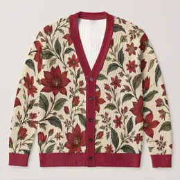 Burgundy And Olive Botanical Florals For Relaxed Everyday Layering And Weekend Style All-over Print Knitted Cardigan