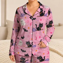 Pink Halloween Cats, Ghosts & Bats for Cozy October Bedtime Nights for Girls and Teens Satin Pajamas Set