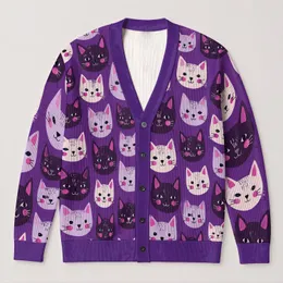 Playful Purple Cat Faces for Cozy Everyday Layering and Whimsical Cat Lovers All-over Print Knitted Cardigan