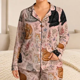 Vintage Botanical Cat Motifs For Cozy Home Evenings, Gift For Cat Lovers And Friends Satin Pajamas Set