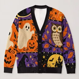 Retro Black Cat Halloween Patchwork for Spooky Autumn Outings and Fall Celebrations All-over Print Knitted Cardigan