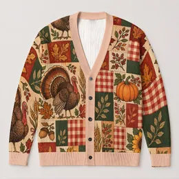 Pumpkins, Turkeys and Autumn Patchwork for Cozy Fall Harvest Gatherings All-over Print Knitted Cardigan