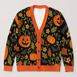 Pumpkin Ghost and Jack O Lanterns for Halloween Harvest Season and Fall Outings All-over Print Knitted Cardigan