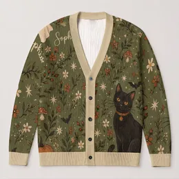 Black Cat and Ghost Halloween Folk Art for Cozy Autumn Witchy Style All-over Print Knitted Cardigan