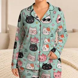 Kawaii Cat Faces For Cozy Bedtime Lounging And Gift Giving For Cat Lovers And Teens Satin Pajamas Set