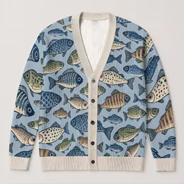 Blue Ocean Fish Motifs for Relaxed Coastal Layering and Everyday Seaside Style All-over Print Knitted Cardigan