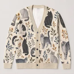 Whimsical Cat Motifs for Cozy Autumn Layering, Seasonal Relaxed Everyday Women's Style All-over Print Knitted Cardigan