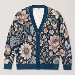 Navy Botanical Bloom Motifs for Relaxed Weekend Layering and Everyday Women's Style All-over Print Knitted Cardigan