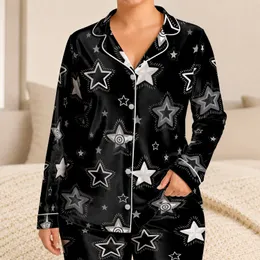 Black Star Motif Bedtime Gift For Cozy Nights, Weekend Relaxing, And Women At Home Satin Pajamas Set