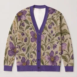 Purple Wildflower Botanical Blooms for Casual Layering and Garden-Inspired Everyday Style All-over Print Knitted Cardigan