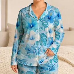 Sky Blue Hibiscus Floral Coastal Resort Getaway Gift for Summer Relaxing At Home Satin Pajamas Set