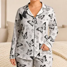 Black Butterfly Sleepwear for Summer Nights, Cottagecore Lounge Style for Women Satin Pajamas Set
