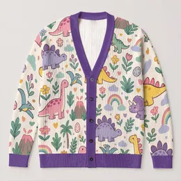 Cute Dinosaur Rainbow Garden Friends for Playful Everyday Layering Kids and Families All-over Print Knitted Cardigan