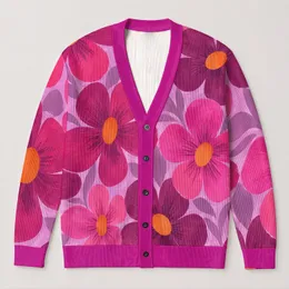 Vibrant Pink Floral Blooms for Cheerful Everyday Layering and Garden-Loving Style All-over Print Knitted Cardigan