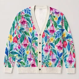 Pink Bell Flowers and Yellow Blossoms for Casual Elegance, Colorful Botanical Style All-over Print Knitted Cardigan
