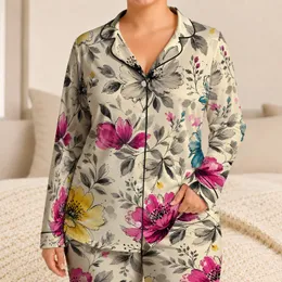 Hand Painted Floral Ink Blossom For Cozy Home Evenings And Gifting Women Collectors Satin Pajamas Set