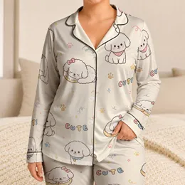 Cute Japanese Puppy Motif for Cozy Lounging and Sleepy Nights, Girly Gift Idea Set Satin Pajamas Set