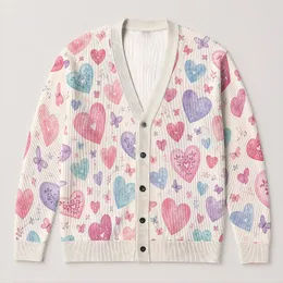 Pastel Heart Motifs for Romantic Beach Dates and Everyday Layering in Plus Size Style All-over Print Knitted Cardigan