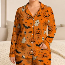 Halloween Pumpkin Bat Ghost Skull Jack O Lantern Treat Night Party Gift for Women Satin Pajamas Set