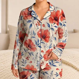 Coral Poppy Hibiscus Floral Red Blue Botanical Comfort for Relaxing at Home Everyday Satin Pajamas Set