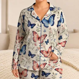 Blue Coral Butterfly Motifs for Cozy Summer Lounging, Women's Relaxed Indoor Sleepwear Satin Pajamas Set