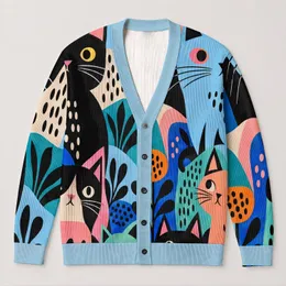 Retro Cat Motif For Beach Getaways And Casual Summer Layering For Plus Size Women All-over Print Knitted Cardigan