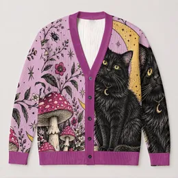 Black Cat Crescent Moon Mushrooms for Halloween Nights and Witchy Fall Style Teens All-over Print Knitted Cardigan