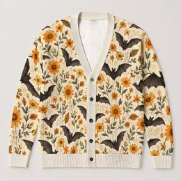 Bats And Golden Daisies For Cozy Autumn Cottagecore Halloween Season All-over Print Knitted Cardigan