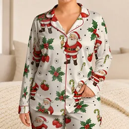 Santa Claus Holly Candy Cane Christmas Gift For Family Xmas Eve Cozy Winter Nights Satin Pajamas Set
