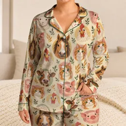 Farm Animal Faces for Cozy Countryside Evenings and Relaxed Weekend Lounging at Home Satin Pajamas Set
