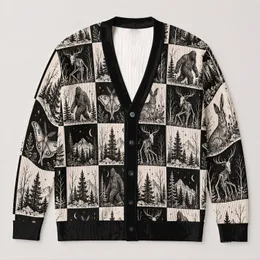 Cryptid Checkerboard Woodland Sketches for Halloween and Everyday Fall Layering All-over Print Knitted Cardigan