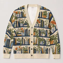 Vintage Bookshelf Blooms for Cozy Autumn Reading Days and Quiet Library Lovers All-over Print Knitted Cardigan