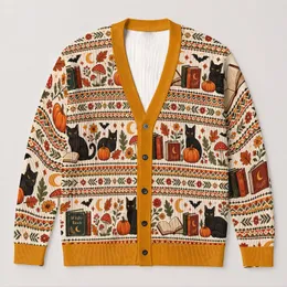Halloween Books, Black Cats & Pumpkins for Cozy Autumn Reading and Seasonal Layering All-over Print Knitted Cardigan