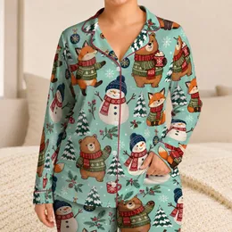 Winter Fox Bear Snowman Companions for Cozy Holiday Lounging Satin Pajamas Set