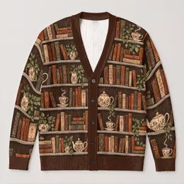 Vintage Bookshelf Teapots and Tea Cups for Cozy Autumn Reading Days All-over Print Knitted Cardigan
