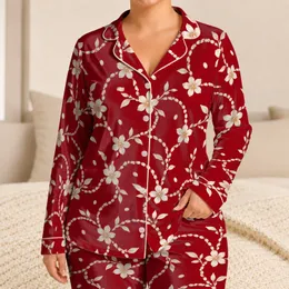 Red Beaded Vine and White Daisy Motifs for Cozy Evenings and Relaxed Homewear Satin Pajamas Set