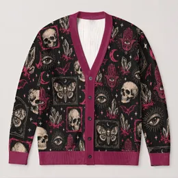 Skull Moth Moon Hamsa Eye Halloween Style for Witchy Autumn Evenings All-over Print Knitted Cardigan